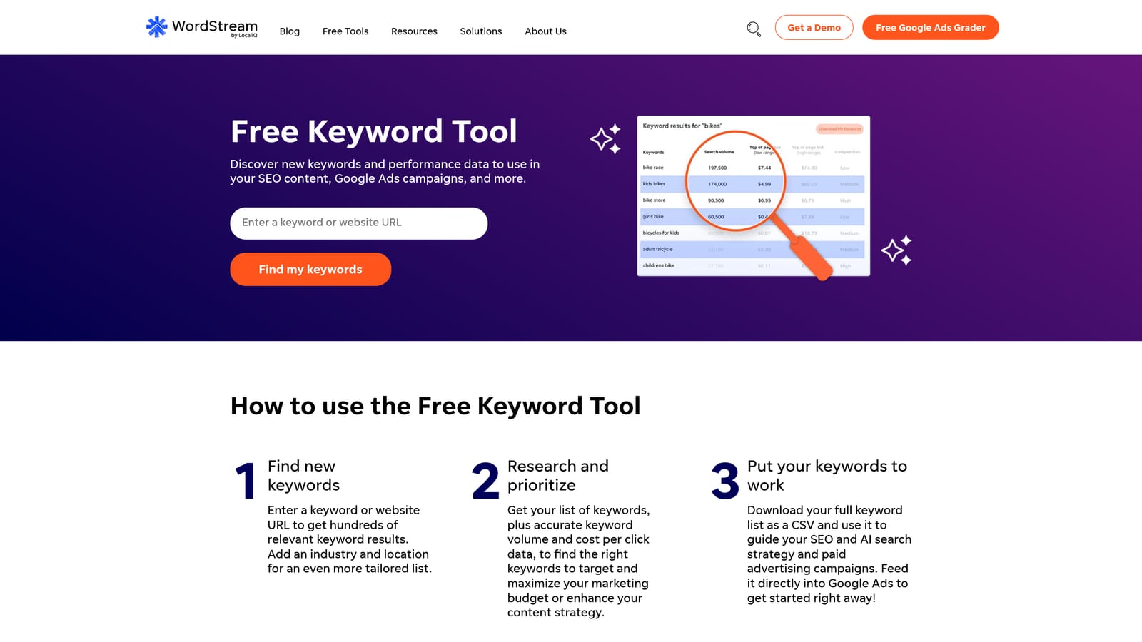 Screenshot of WordStream Free Keyword Tool website