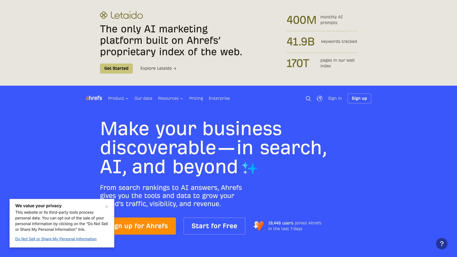 Screenshot of Ahrefs website