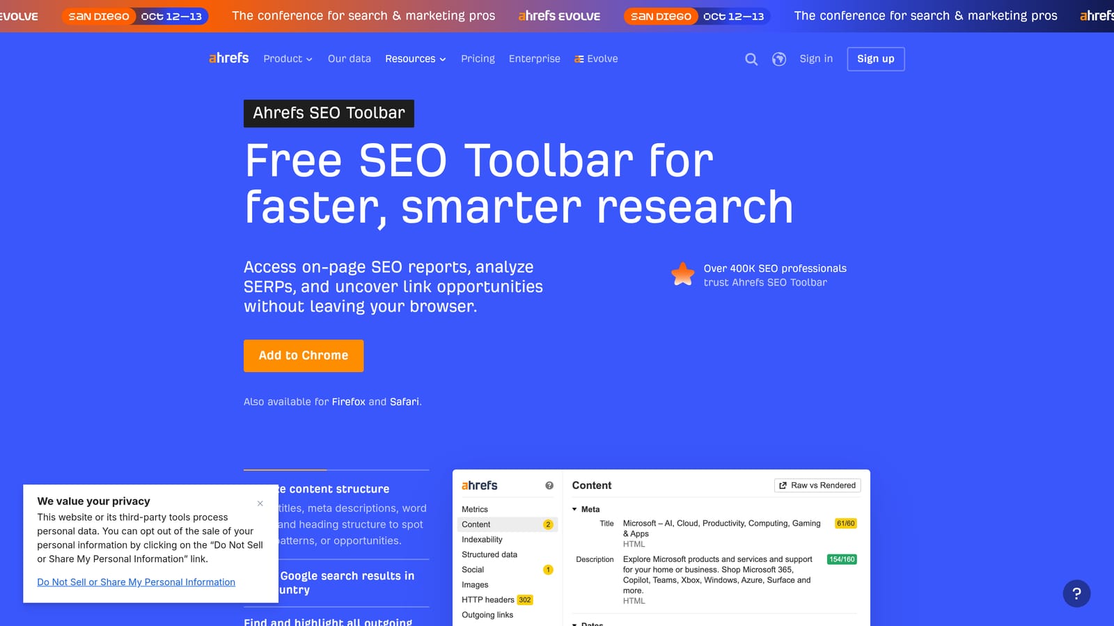 Screenshot of Ahrefs SEO Toolbar website