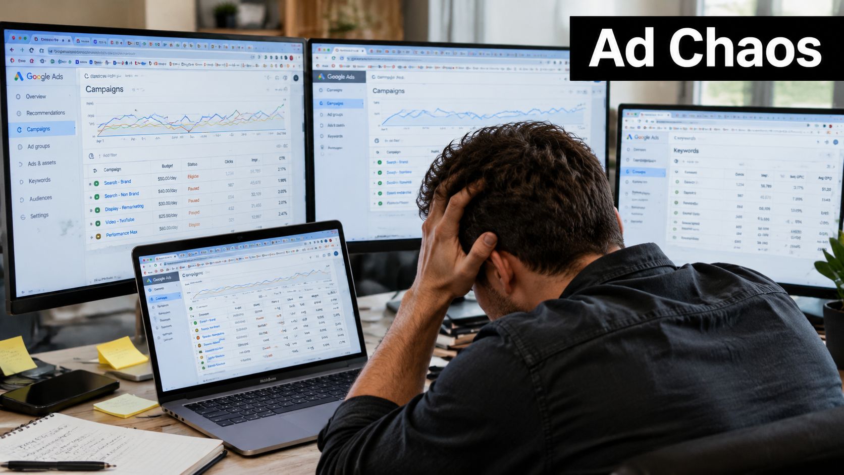 A stressed man with head in hands looking at multiple monitors displaying complex Google Ads campaign dashboards.