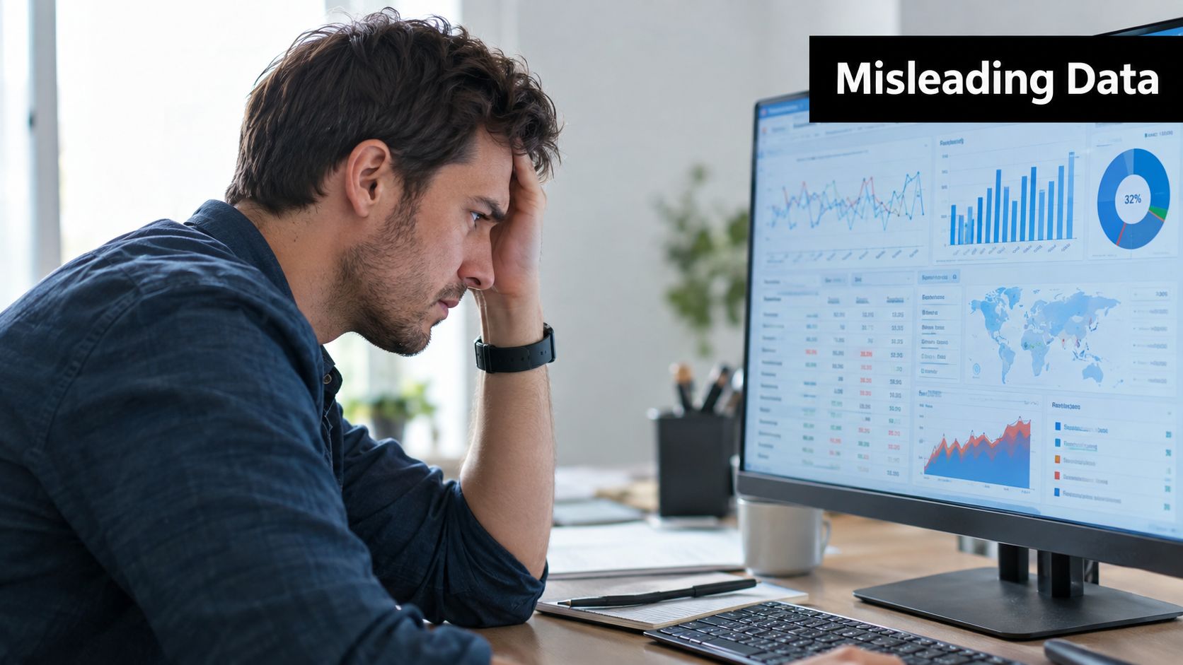 A frustrated man looking at complex and misleading data charts on a computer screen in office