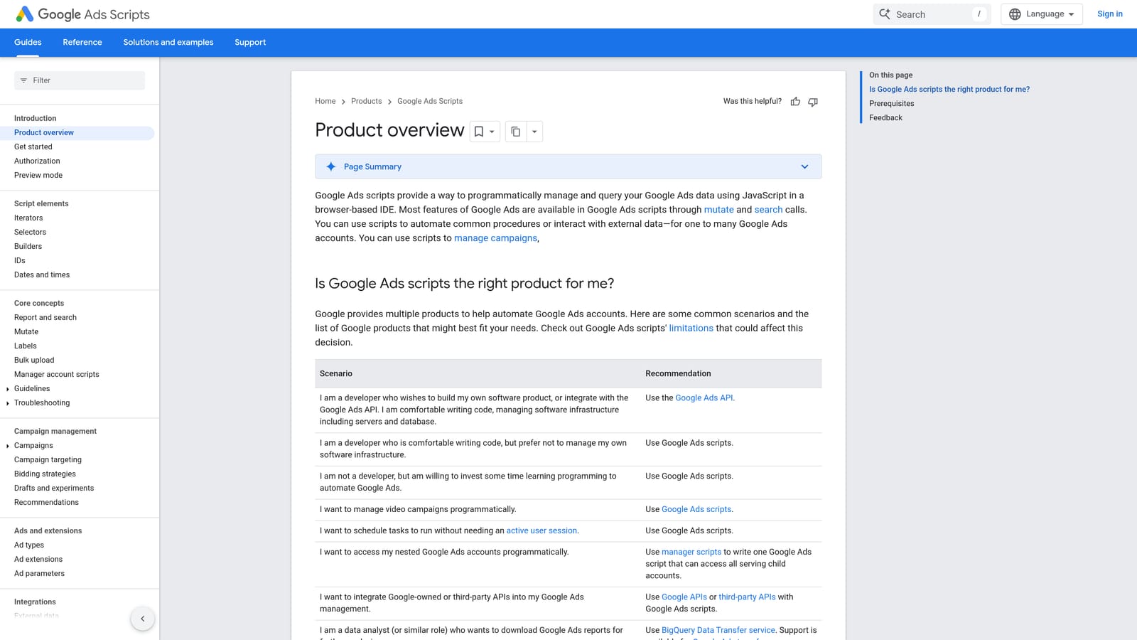 Screenshot of Google Ads Scripts website