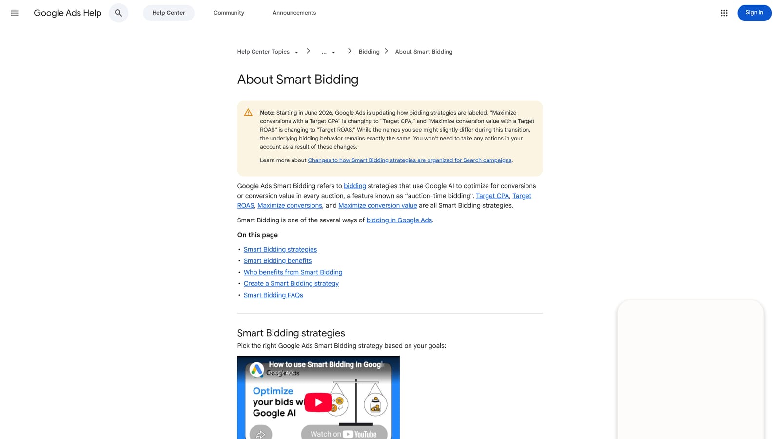 Screenshot of Google Ads Smart Bidding website