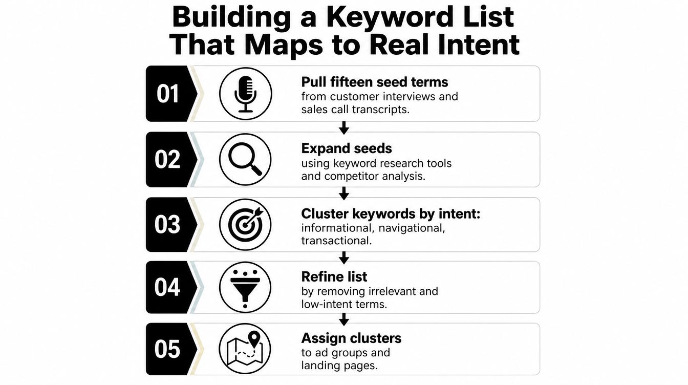 A five-step guide for building a keyword list that maps to real user search intent.