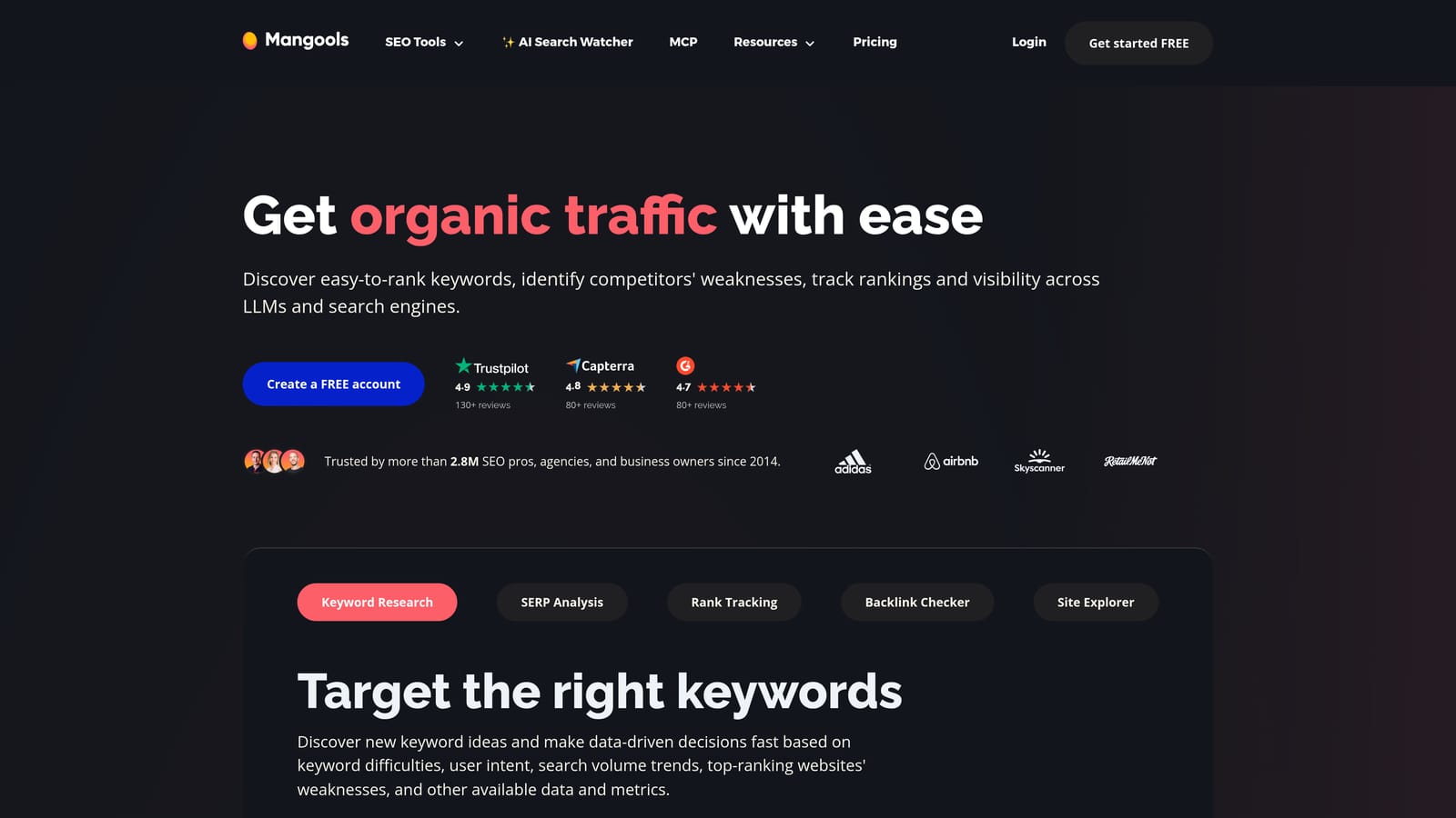 Screenshot of Mangools (KWFinder) website
