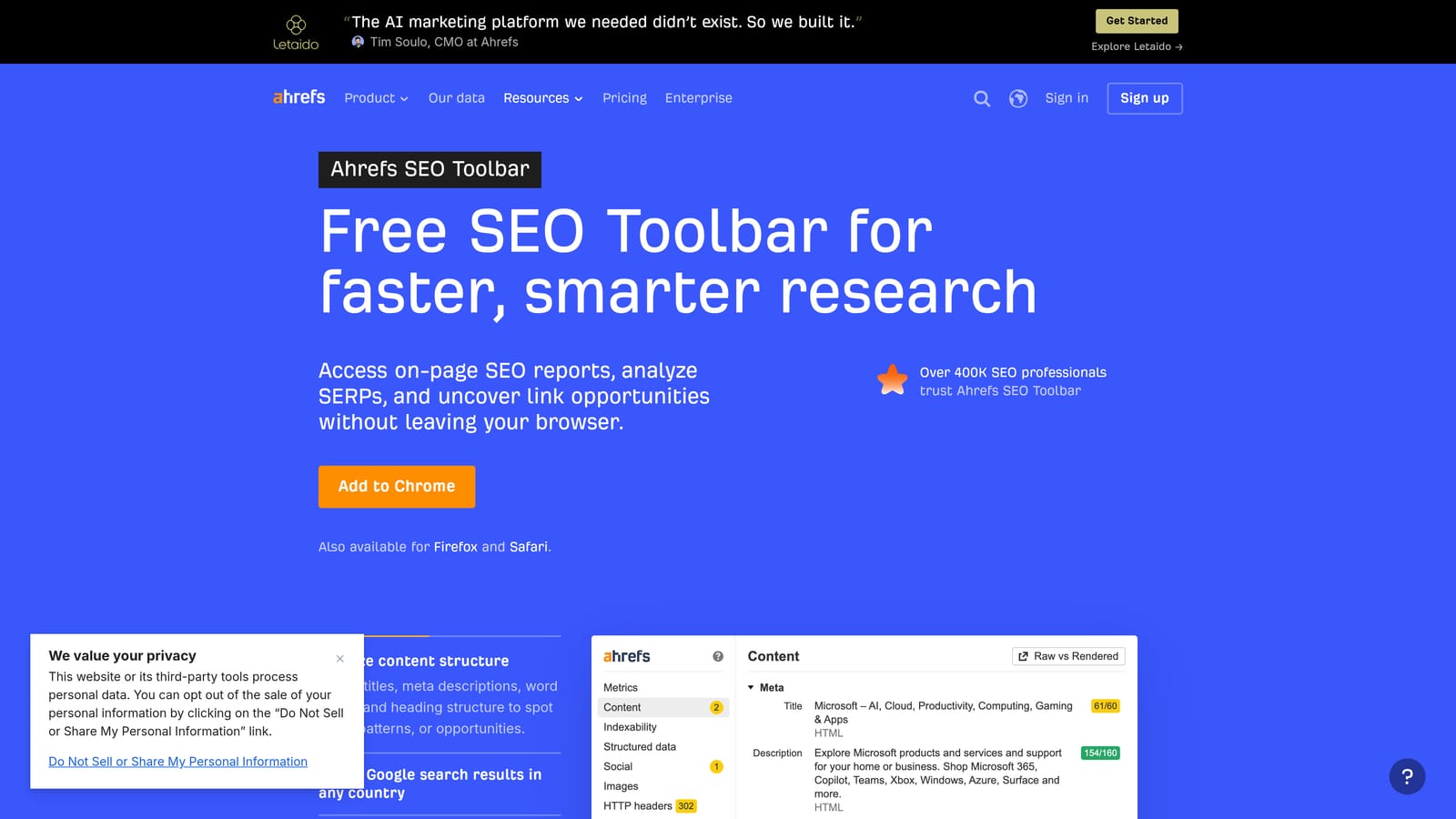Screenshot of Ahrefs SEO Toolbar website