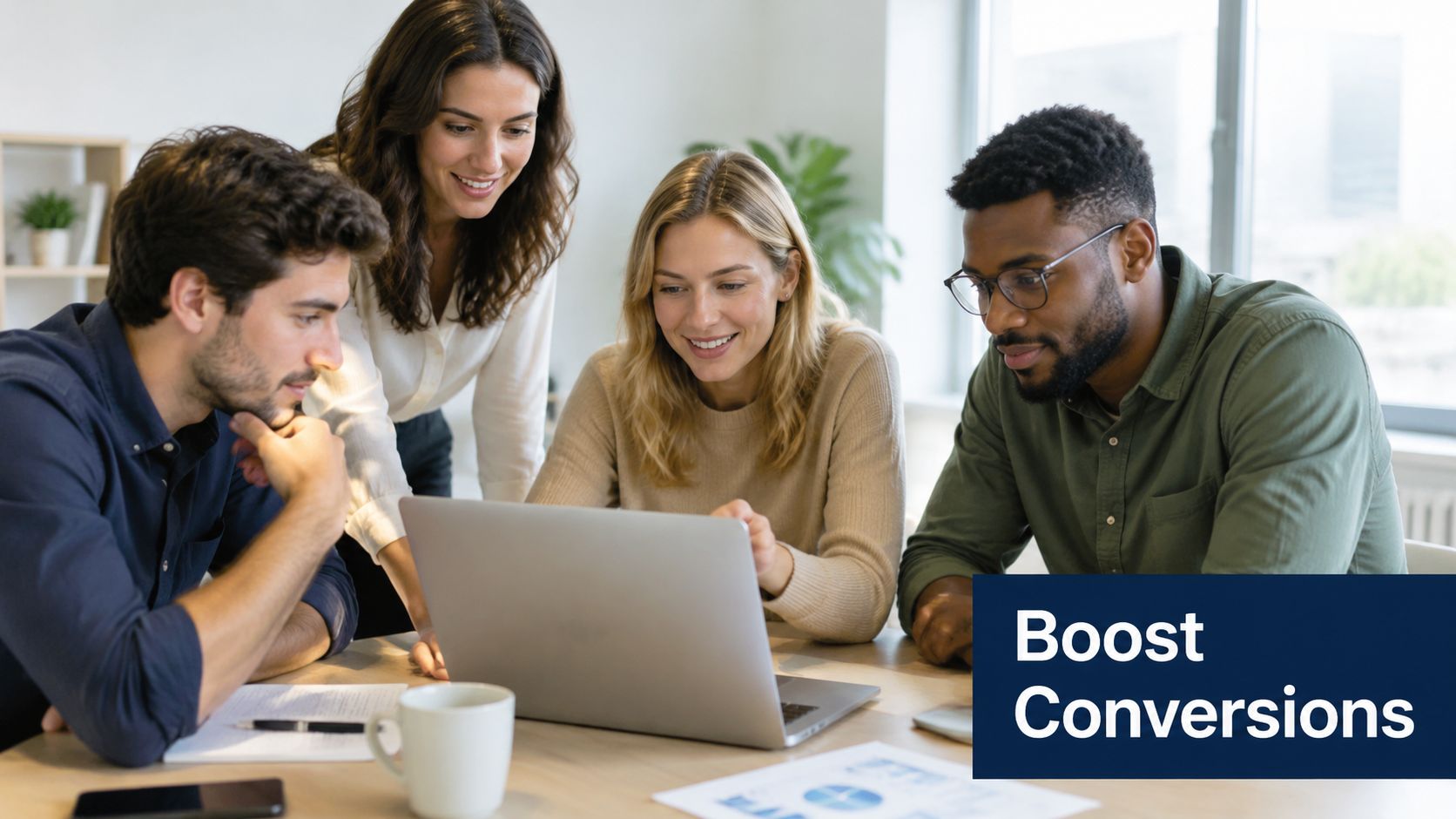 A diverse group of professional colleagues collaborating together around a laptop while discussing business statistics in office.