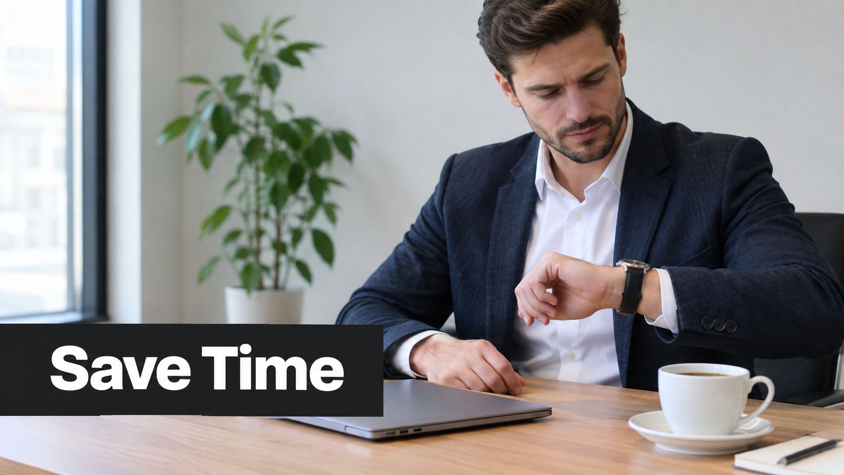A professional businessman in a suit checking his wristwatch while sitting at his desk with a laptop.