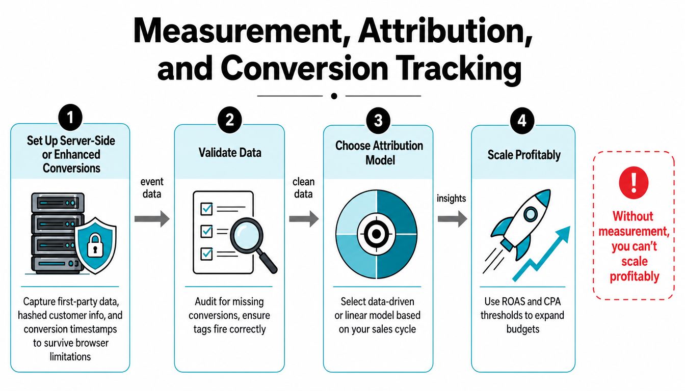 A four-step infographic illustrating the process of measurement, attribution, and conversion tracking for ecommerce marketing success.