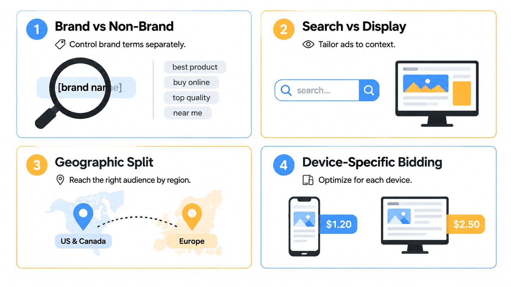 An infographic showing four strategic ways to segment Google Ads campaigns for better performance and bidding control.