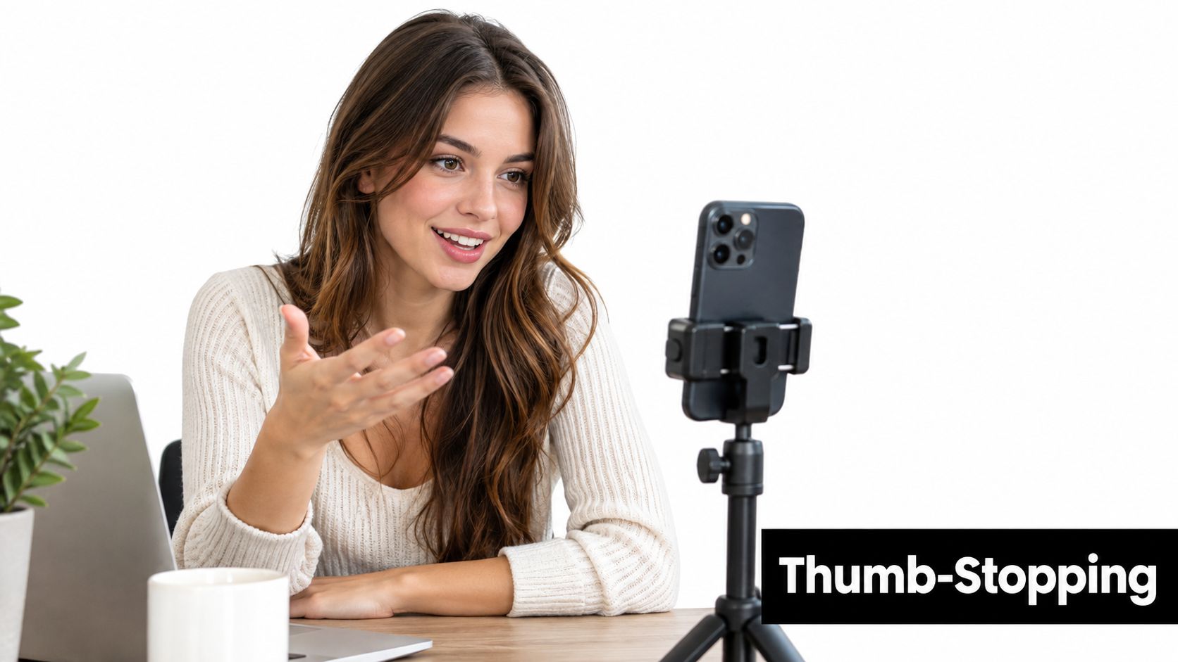 A smiling young woman records content for social media using a smartphone mounted on a tripod stand.