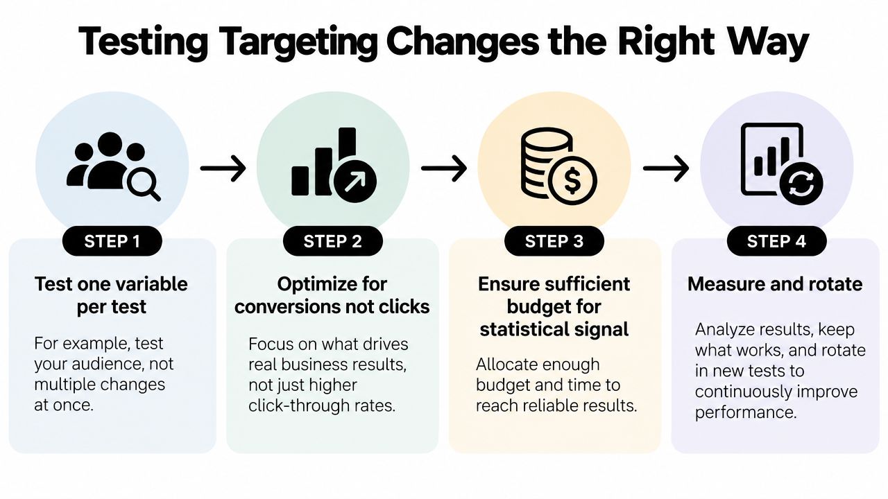 A four-step infographic illustrating the best practices for optimizing digital marketing audience targeting and ad performance.