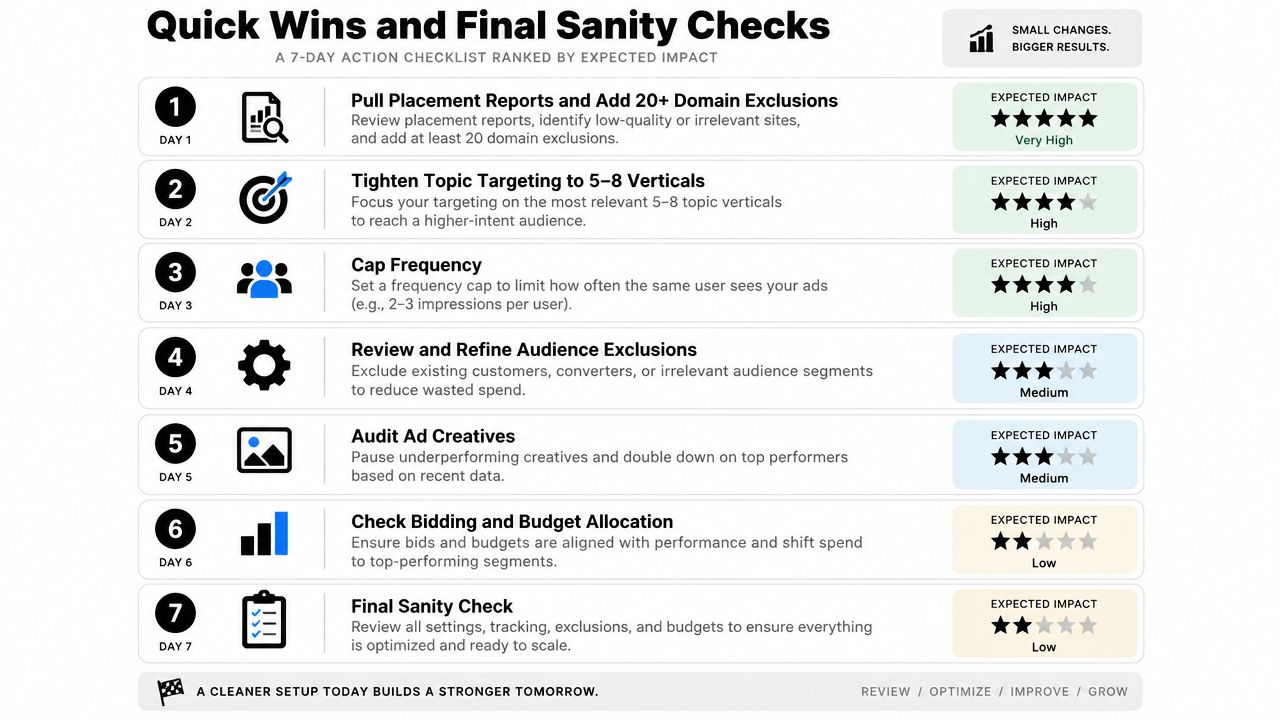 A 7-day checklist for optimizing display ads, featuring steps like domain exclusions, frequency caps, and audience refinements.