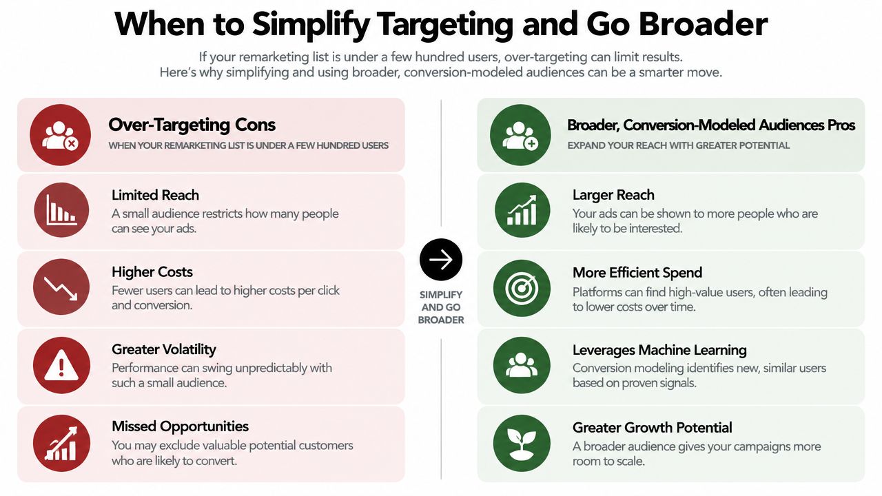 An infographic comparing the disadvantages of over-targeting ads versus the benefits of using broader, conversion-modeled audiences.