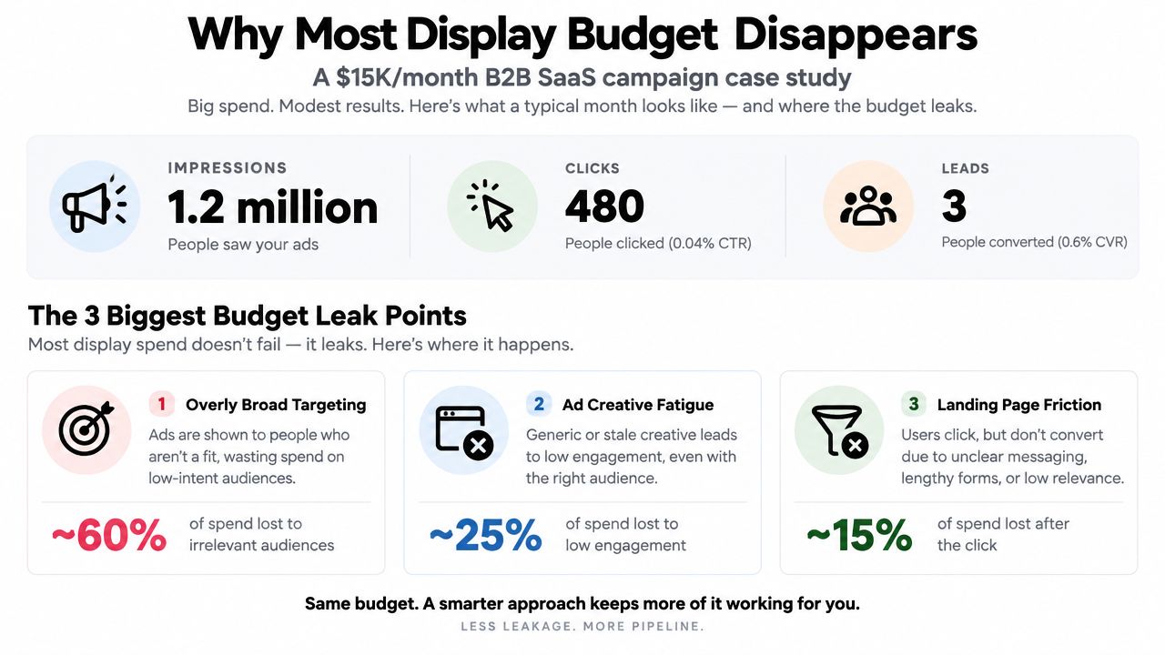 A marketing infographic illustrating why display ad campaigns often fail with poor conversion rates and budget leakage.
