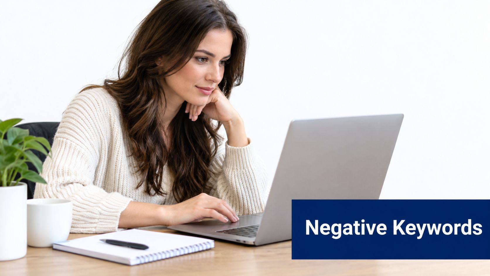 A professional woman working on a laptop with a dark blue overlay labeled Negative Keywords.