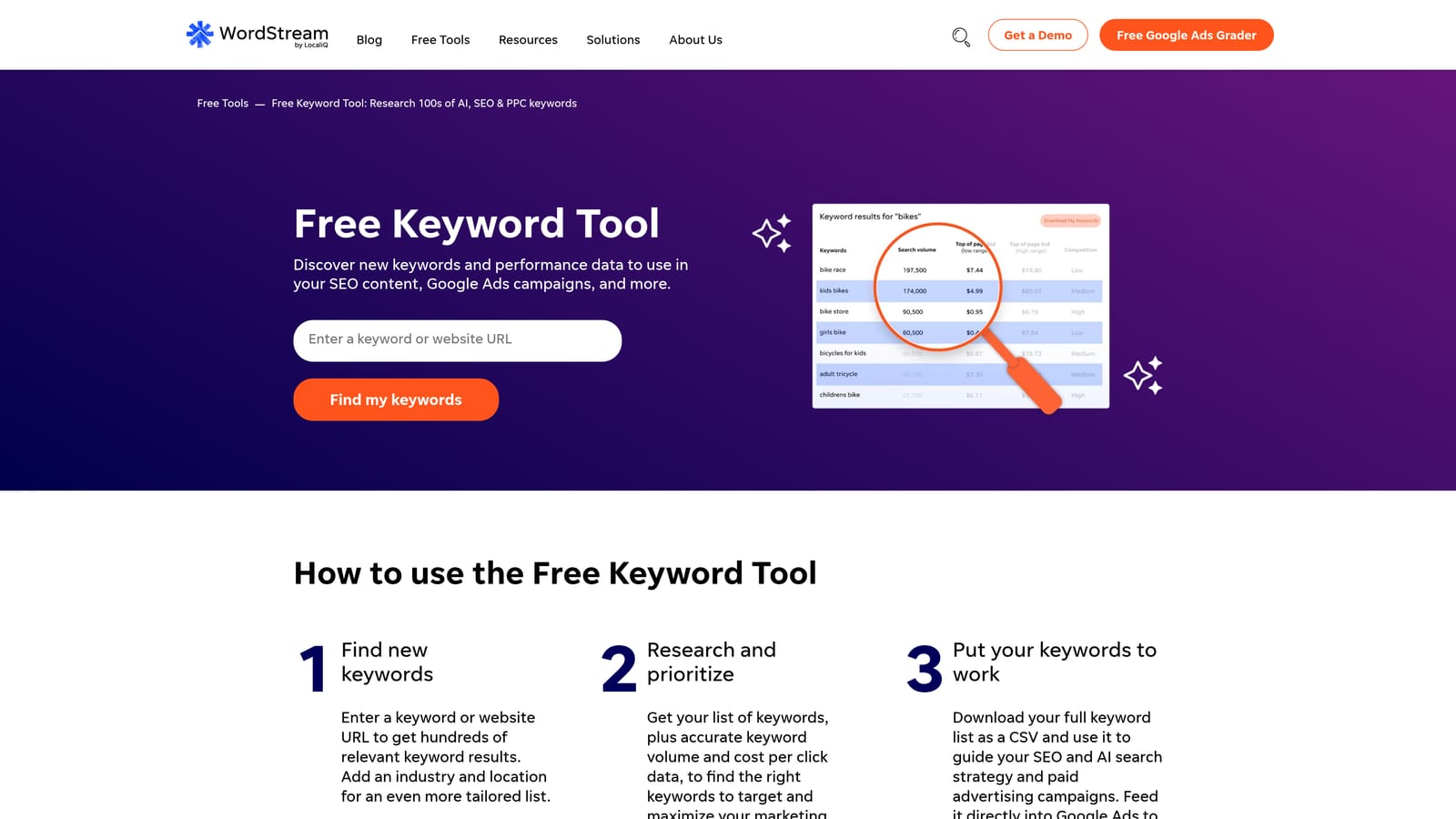 Screenshot of WordStream Free Keyword Tool website