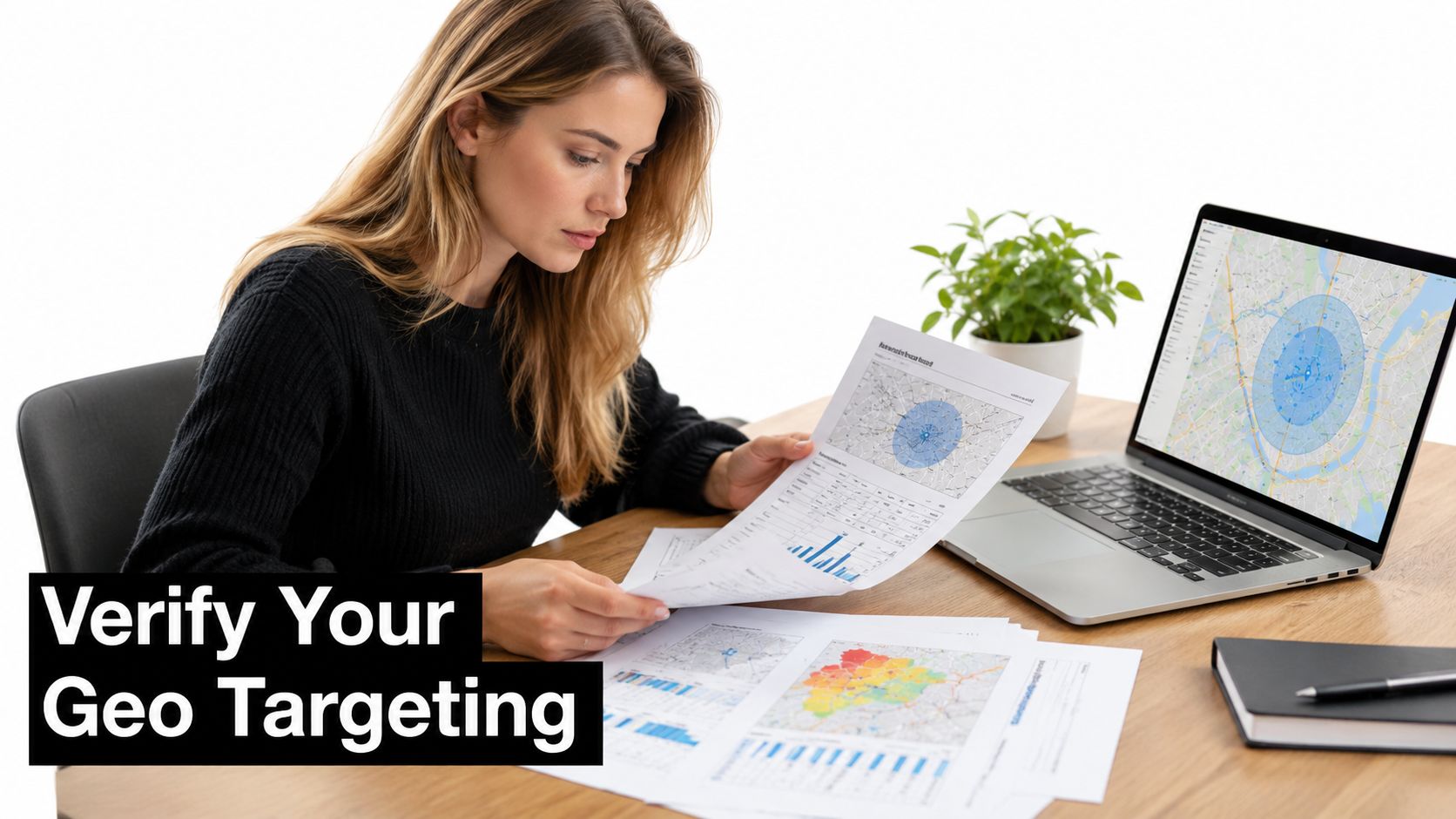 A professional woman reviewing maps and data charts on paper while sitting at a desk with a laptop.