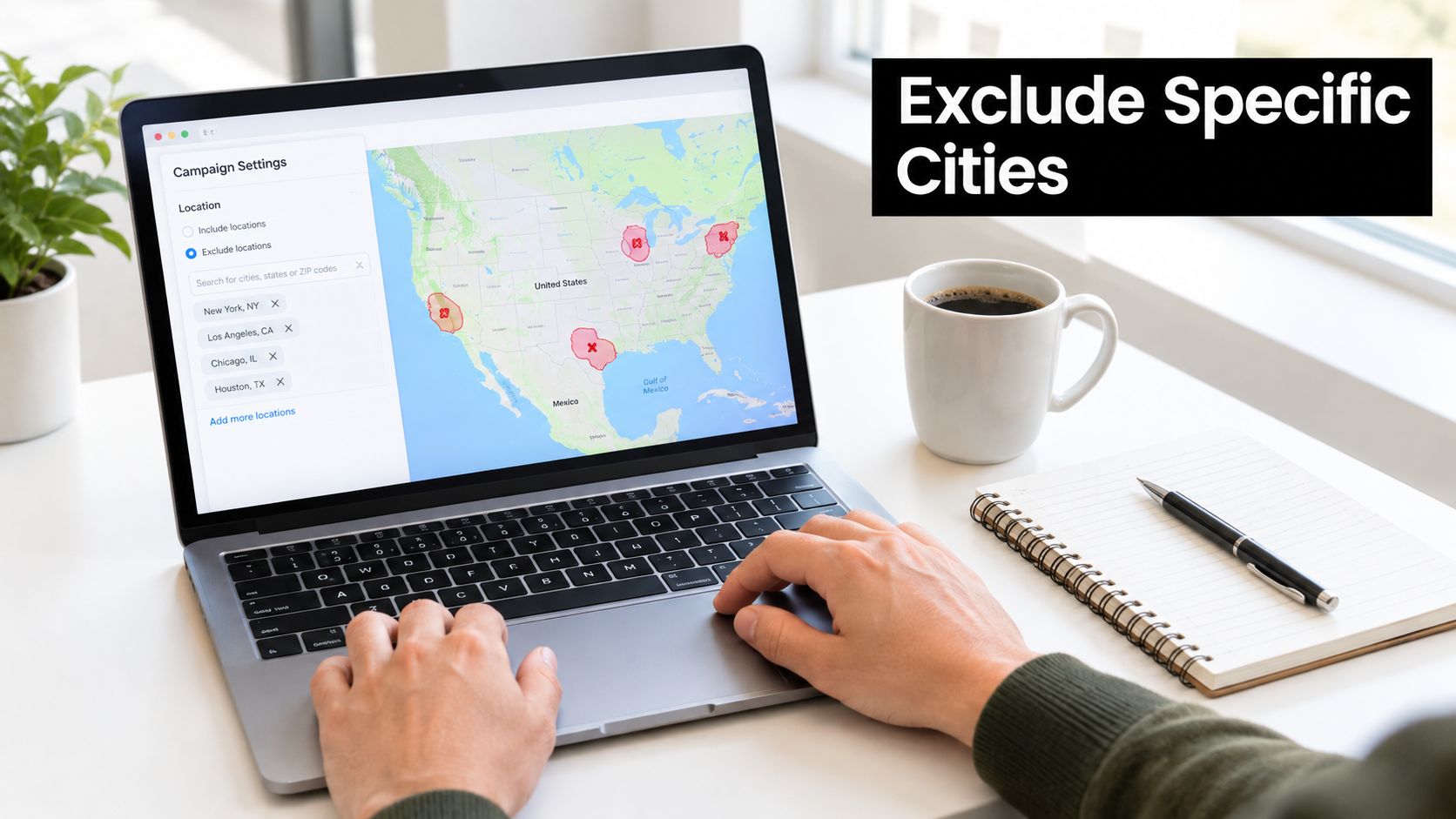 A person using a laptop to exclude specific cities from a Google Ads campaign settings menu.