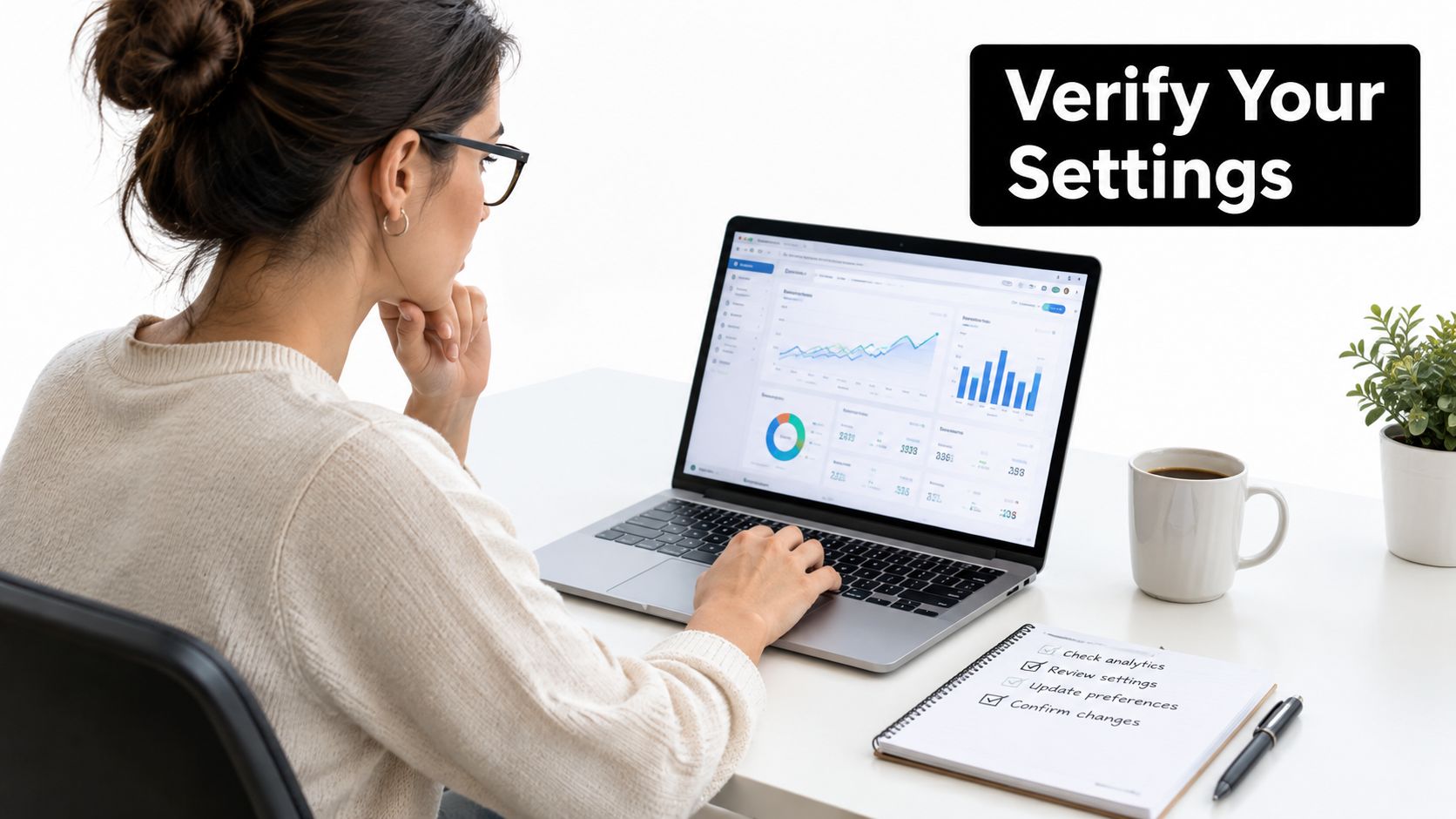 A woman working on her laptop reviewing marketing analytics and updating her ad settings for better performance.