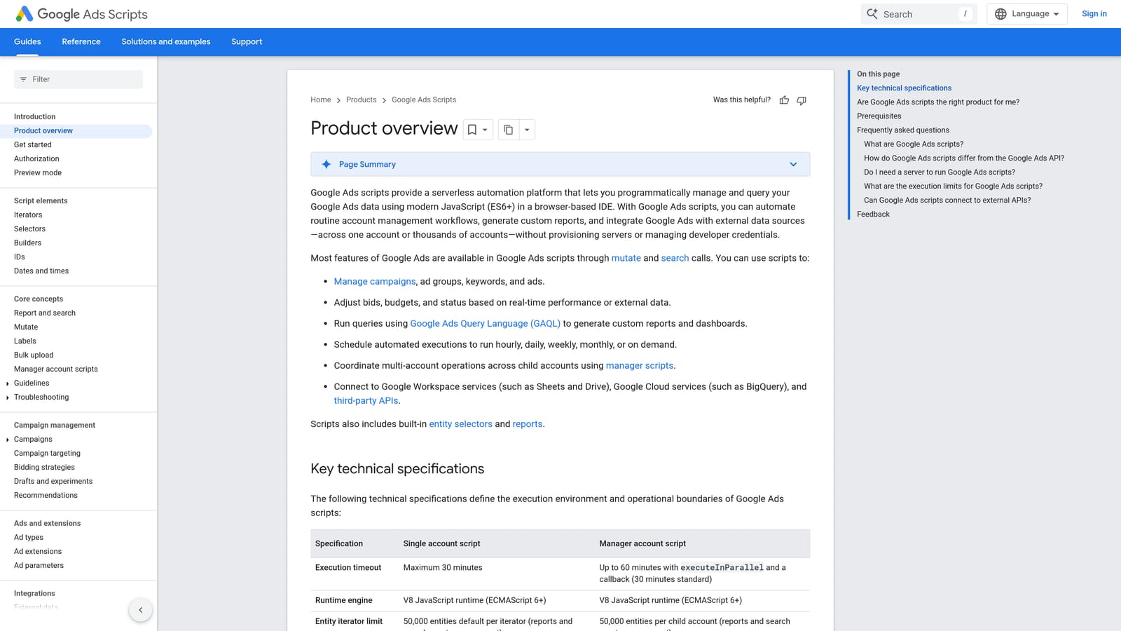 Screenshot of Google Ads Scripts website