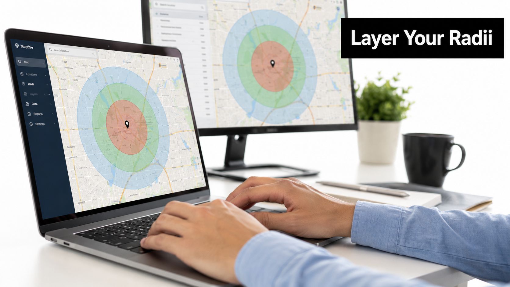 A person using a laptop to view Maptive map software featuring layered radii for geographic analysis.