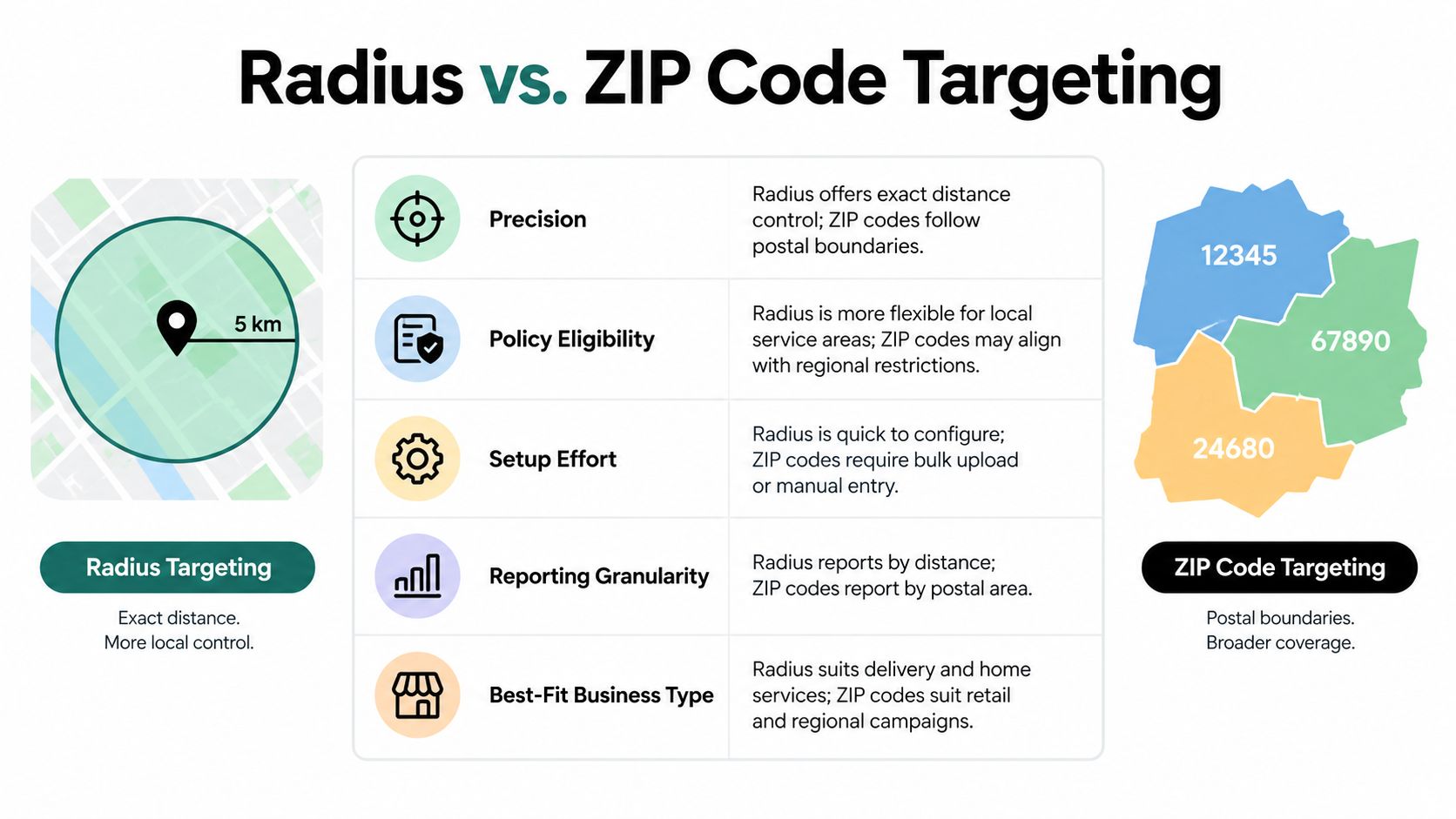 A comparative chart showing the differences between radius targeting and ZIP code targeting for digital marketing campaigns.