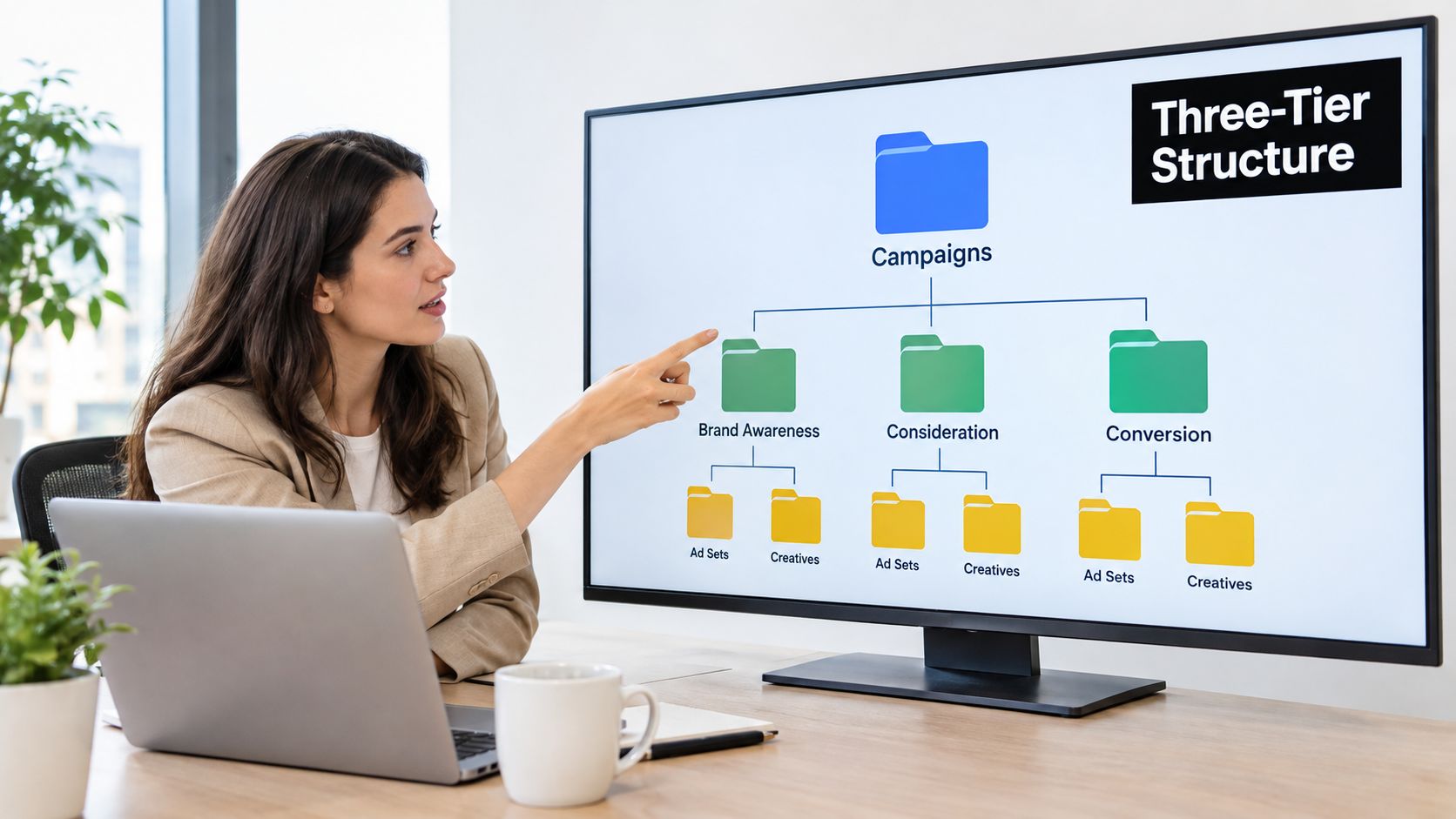 A woman presenting a professional three-tier structure diagram for digital advertising campaigns on a large computer screen.