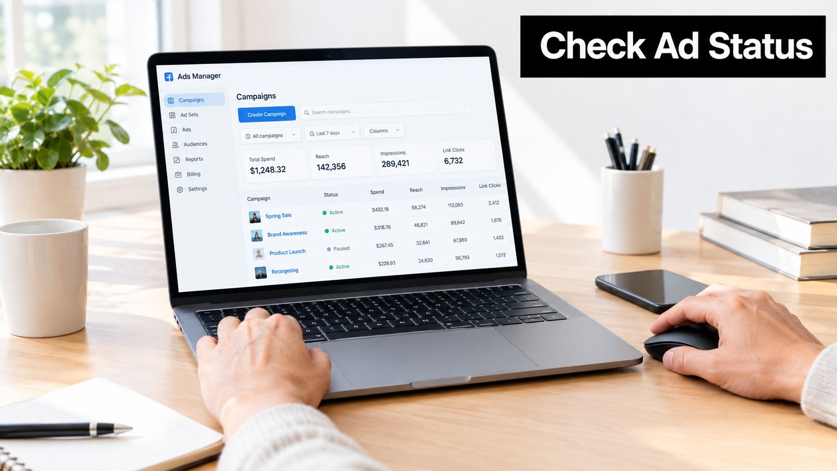 A person working on a laptop displaying Facebook Ads Manager dashboard to monitor marketing campaign performance.