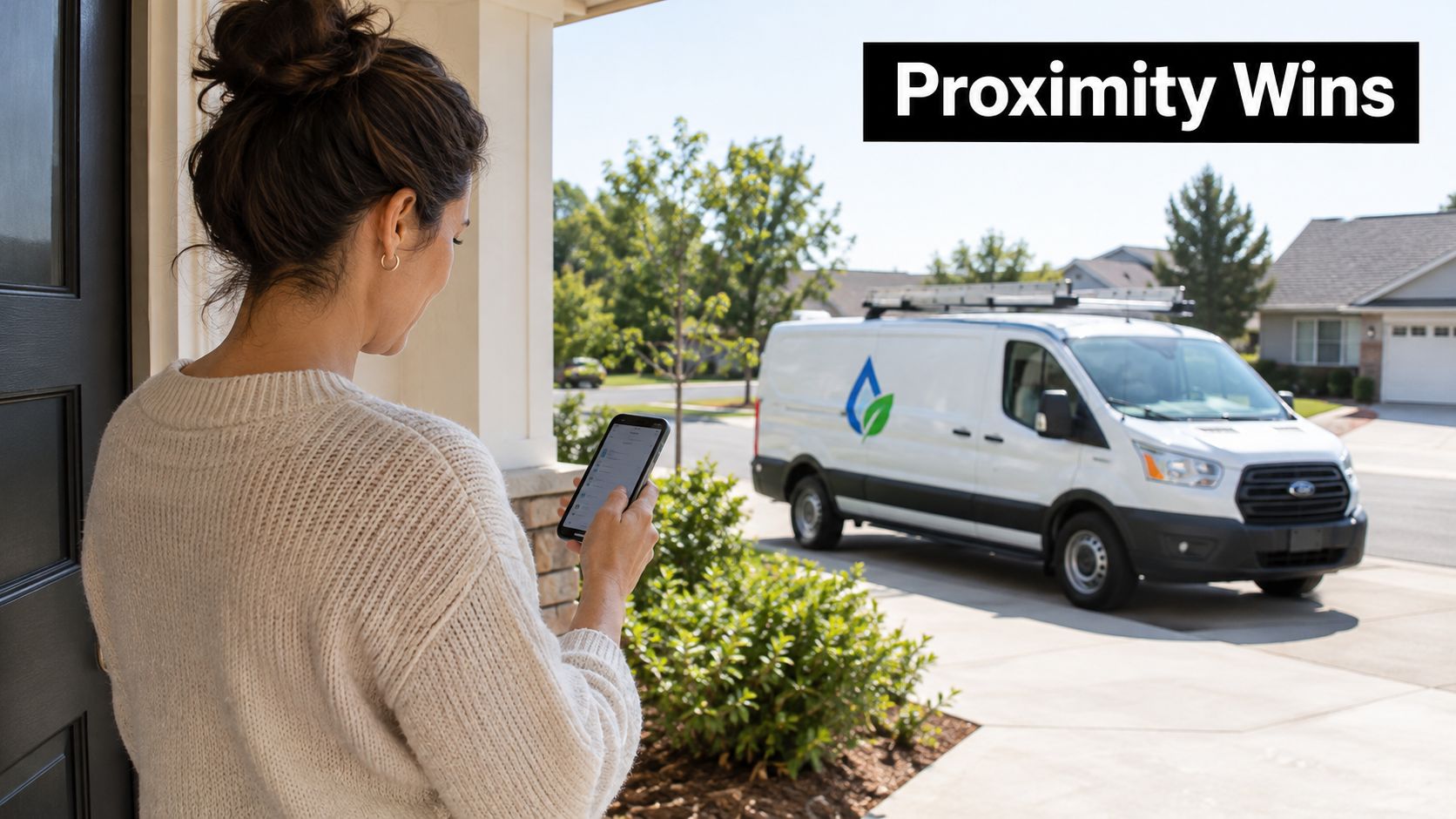 A woman standing in her doorway checking her phone as a service van arrives in her driveway.