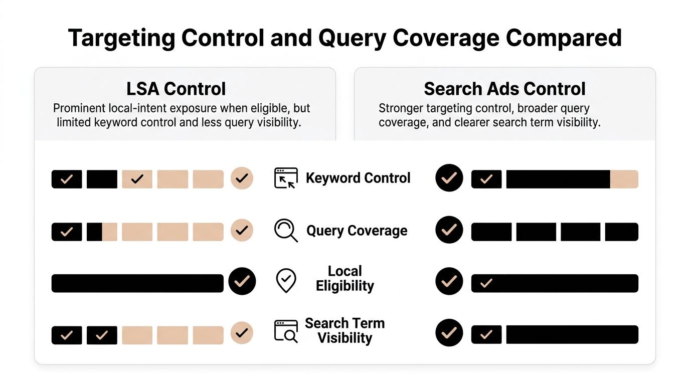 A comparison chart highlighting the key differences in targeting control and query coverage between Local Services Ads and Search Ads.