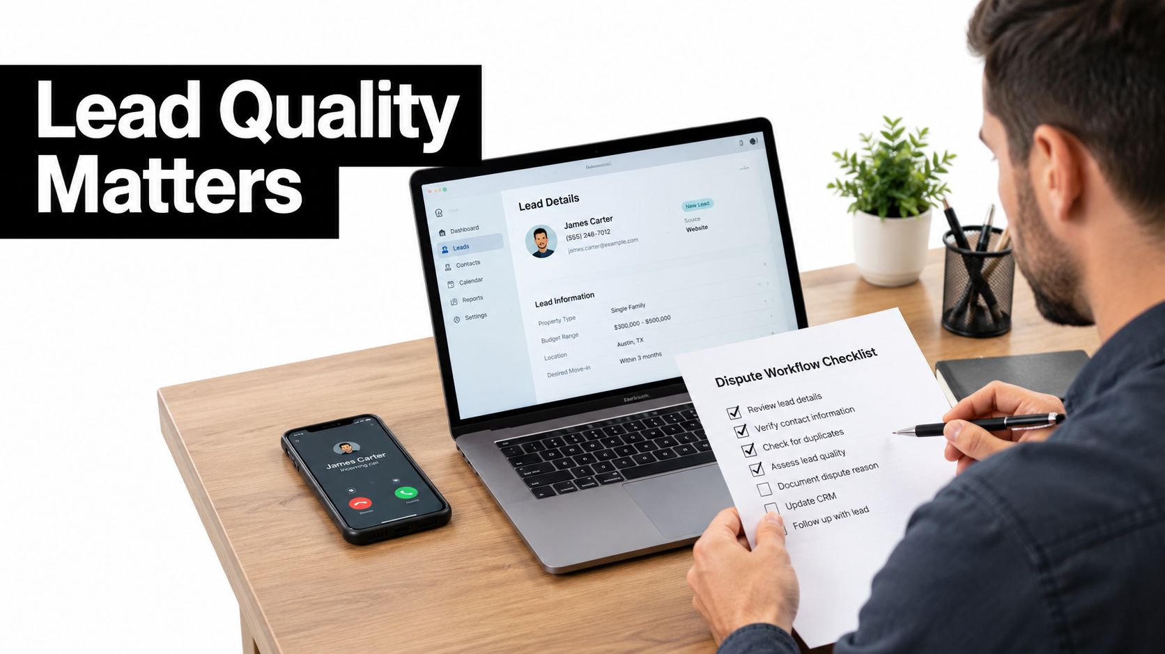 A professional analyzing a lead workflow checklist on paper while viewing contact details on a laptop screen.