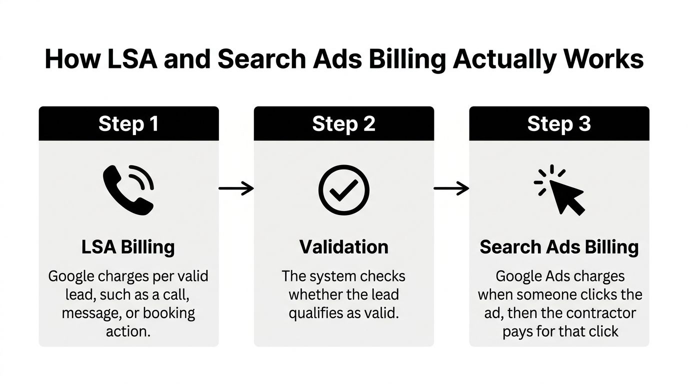 A diagram comparing the billing processes for Google Local Services Ads and traditional Google Search Ads for contractors.