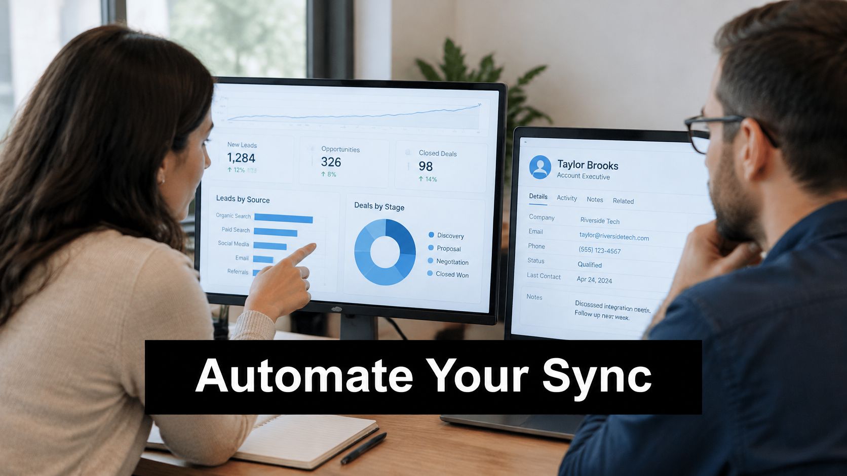 A professional man and woman working together on sales analytics and CRM software on their office computers.
