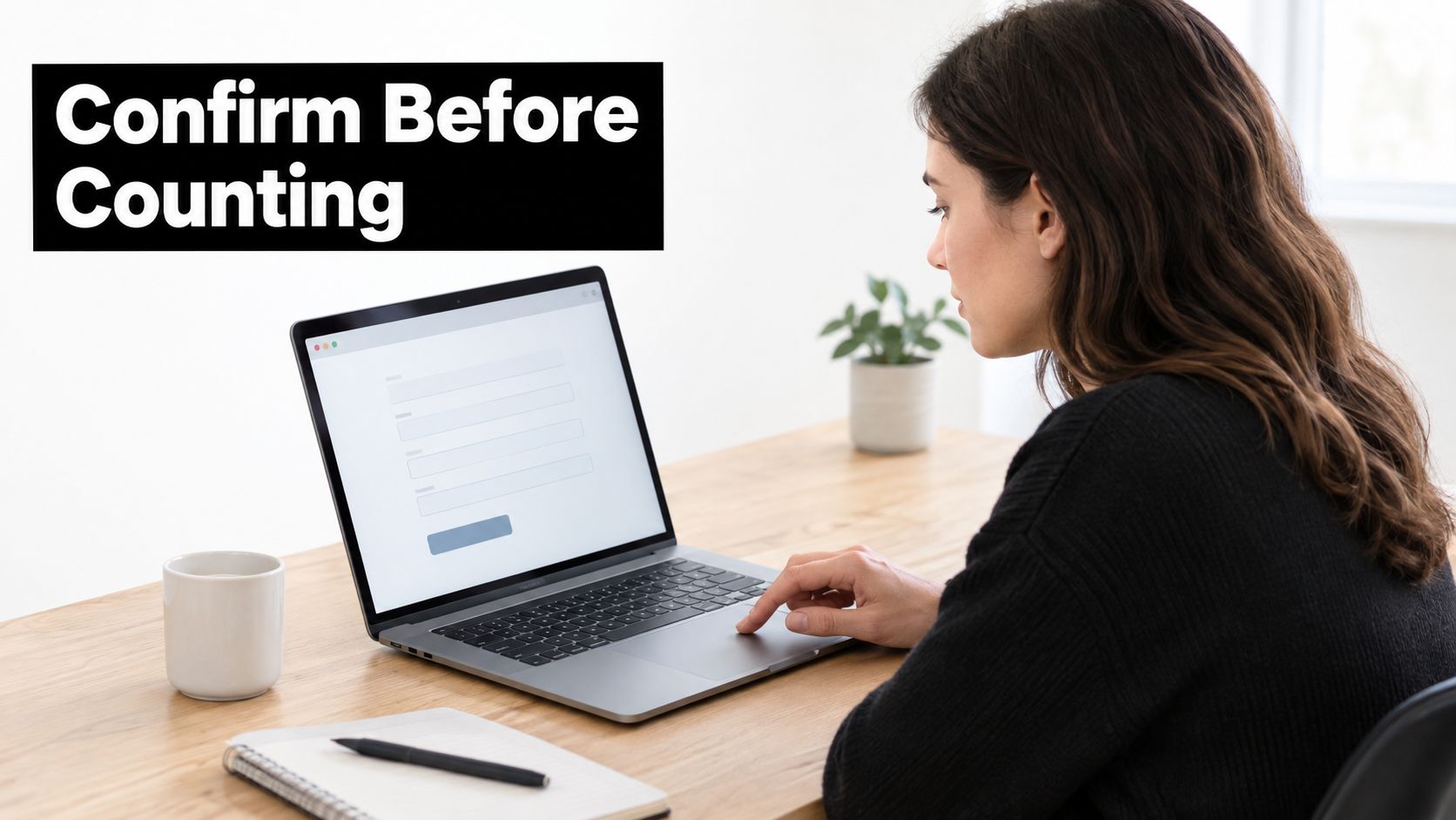 A woman working on a laptop at a desk, illustrating the importance of confirming form submission tracking.