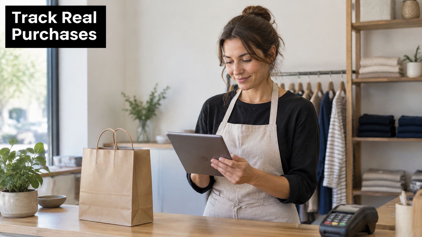A store employee wearing an apron uses a digital tablet to process a customer's retail purchase transaction.