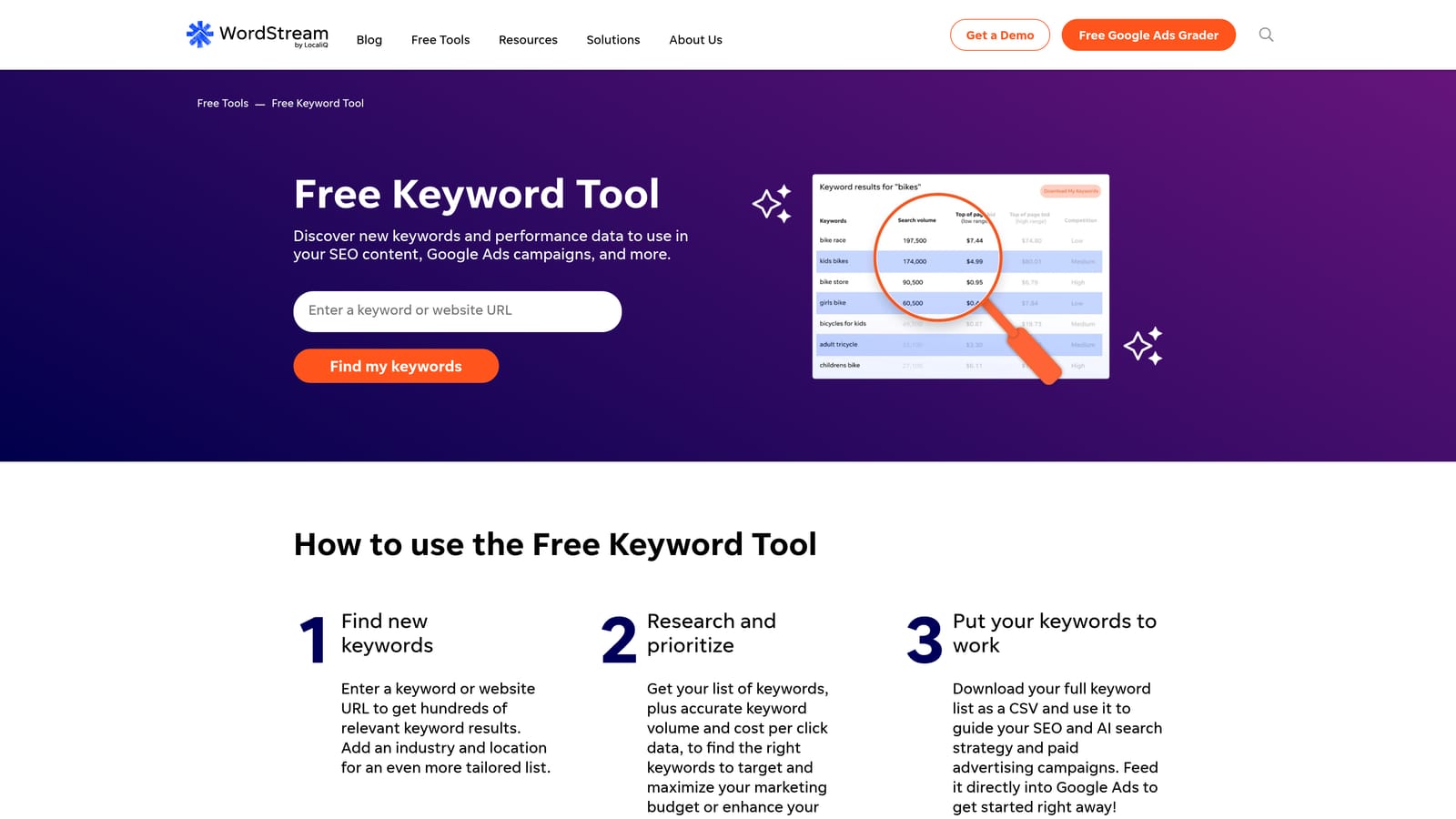 Screenshot of WordStream Keyword Tools website