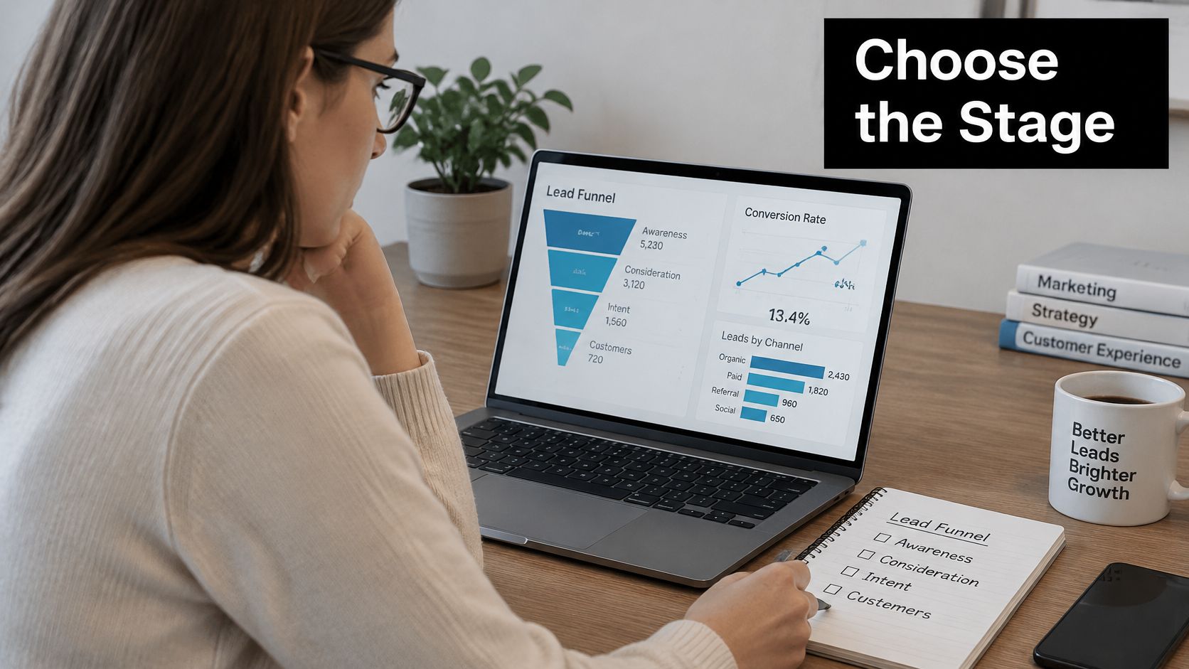 A woman working on a laptop analyzing lead funnel data and conversion rates at a desk.