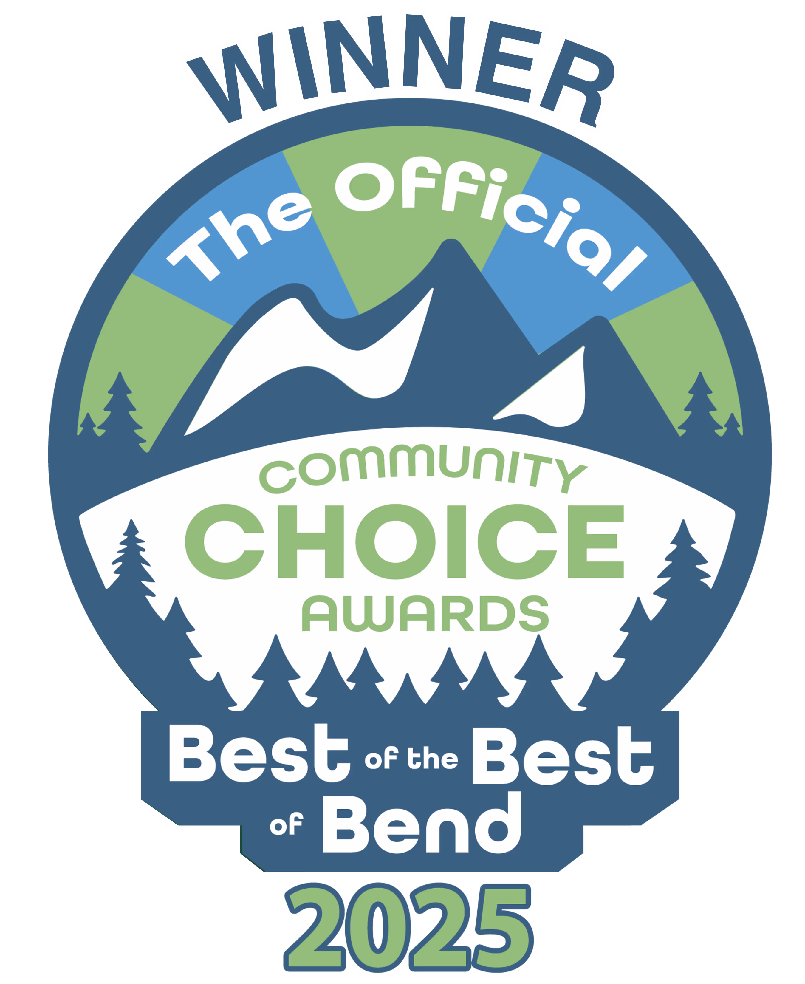 Badge with mountains and trees stating Winner of The Official Community Choice Awards Best of the Best of Bend 2025.