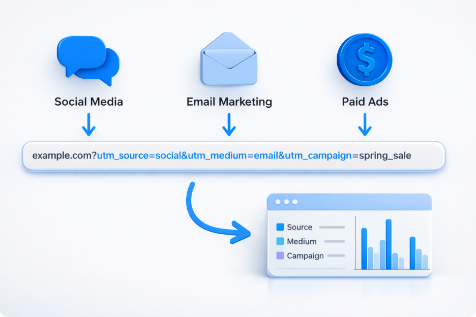 Diagram showing how to use UTM parameters to track social media, email marketing, and paid ads traffic