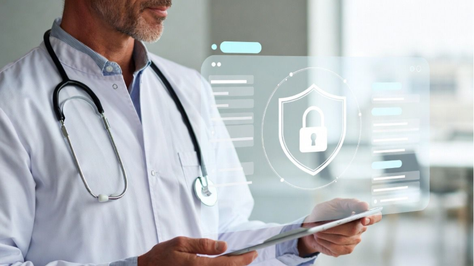 Doctor using tablet with security overlay for social media marketing for healthcare compliance 