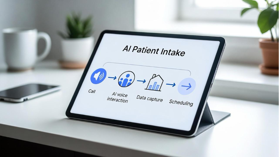 Tablet displaying AI patient intake workflow for voice AI healthcare automation 