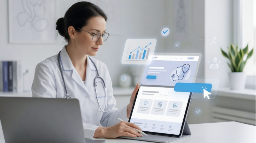 Doctor reviewing a clinic website on a tablet, representing effective website marketing for doctors and patient-focused digital strategy 