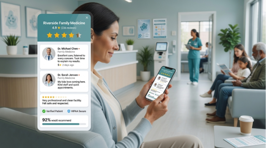 Patient reading online clinic ratings and testimonials, reinforcing trust through healthcare local marketing and reputation signals