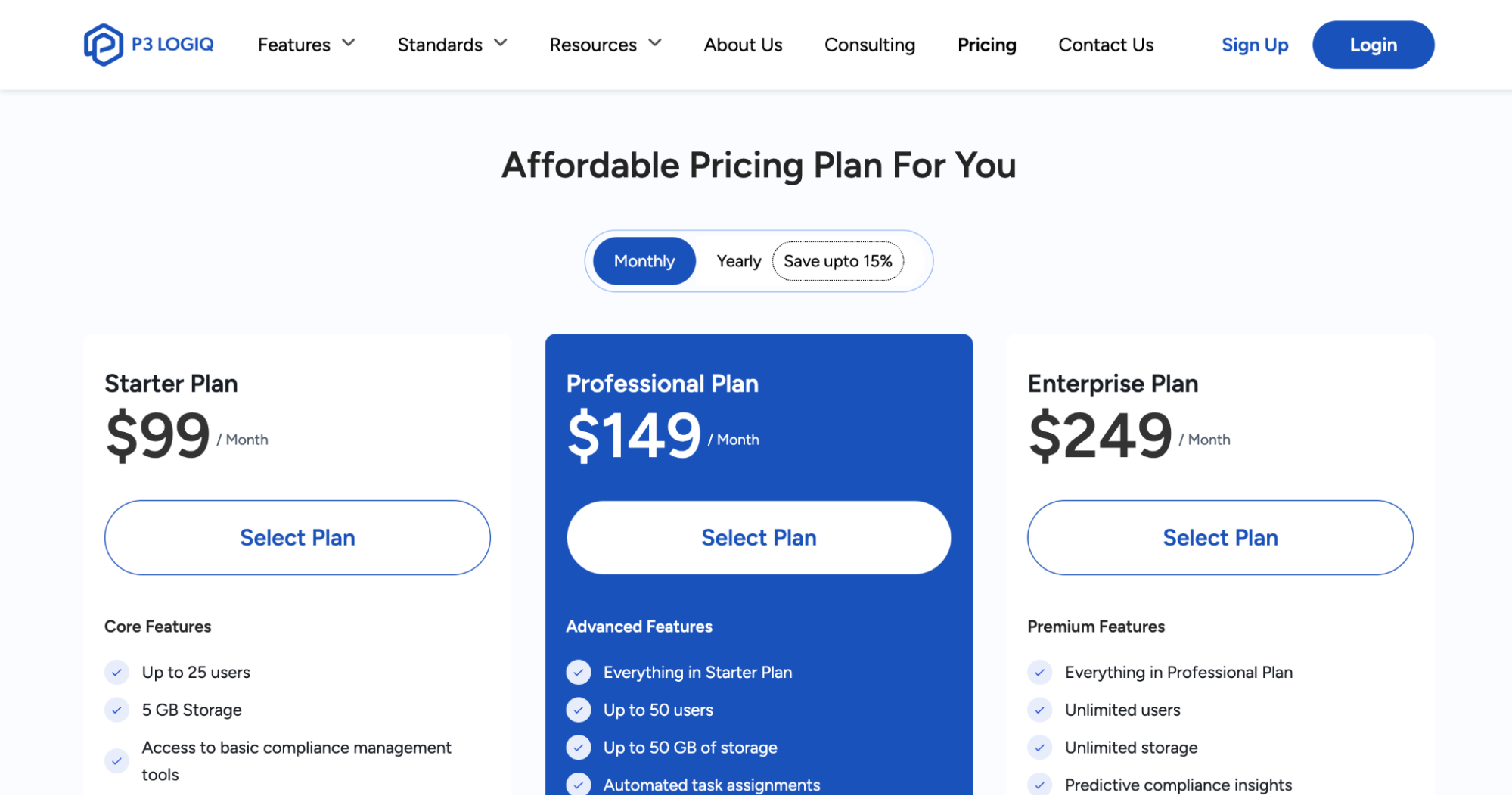 P3 LogiQ ISO 9001 software pricing and compliance management system plans.