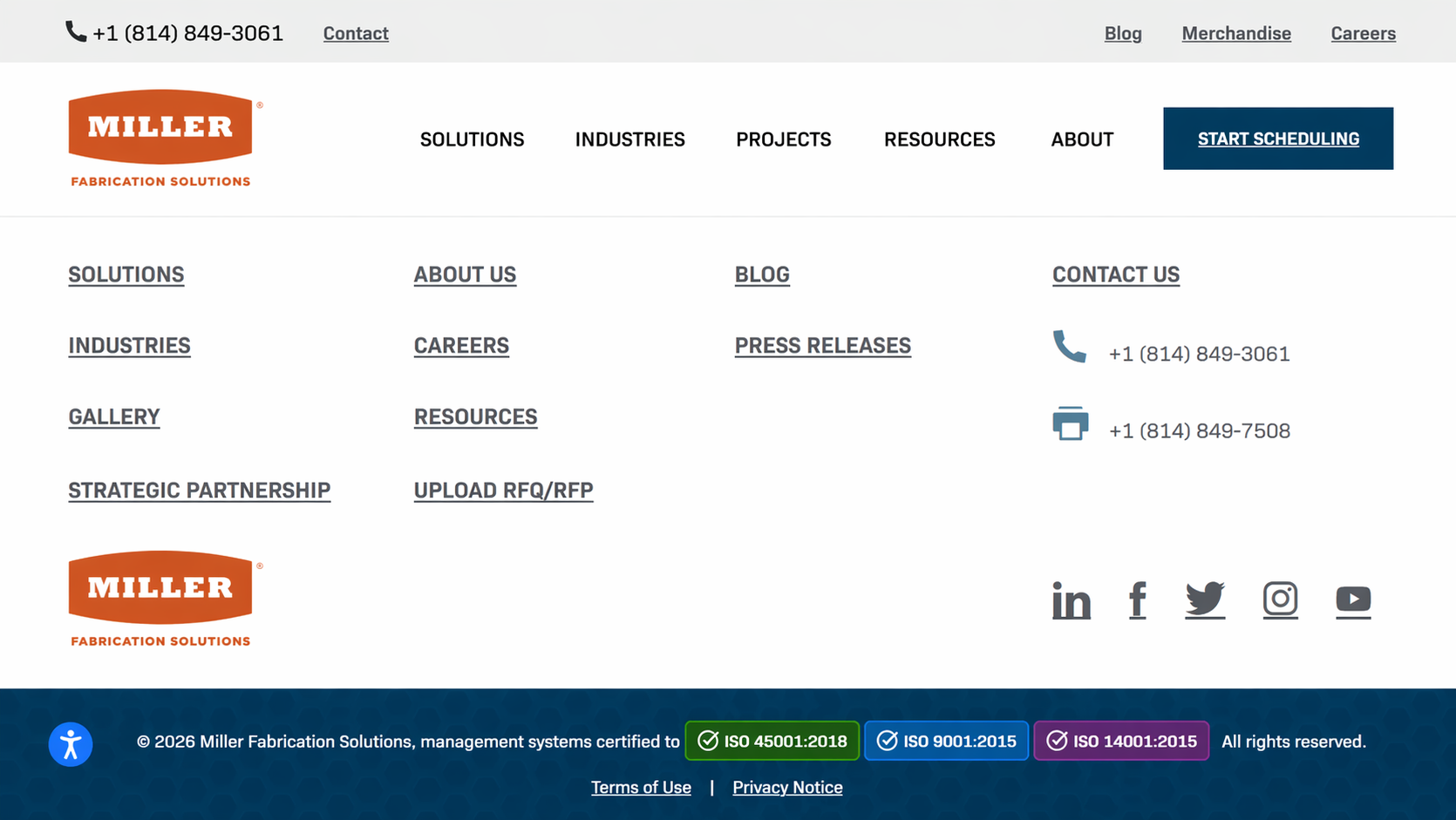 Miller Fabrication Solutions footer showing ISO 9001:2015 and ISO 45001:2018 certifications.