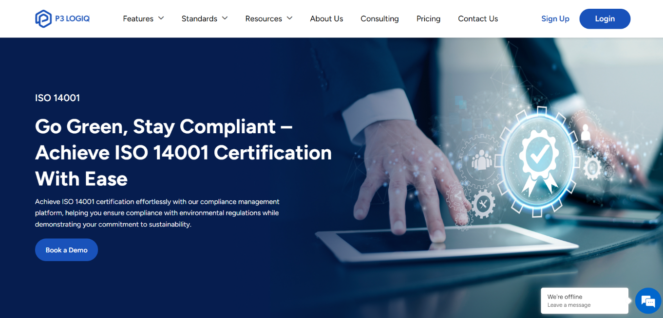 ISO 14001 end-to-end compliance management homepage showing automation, audit readiness, and environmental management system support.