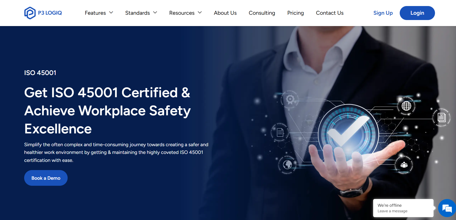 ISO 45001 compliance software dashboard by P3 LogiQ showing audit readiness, safety tracking, and documentation management.