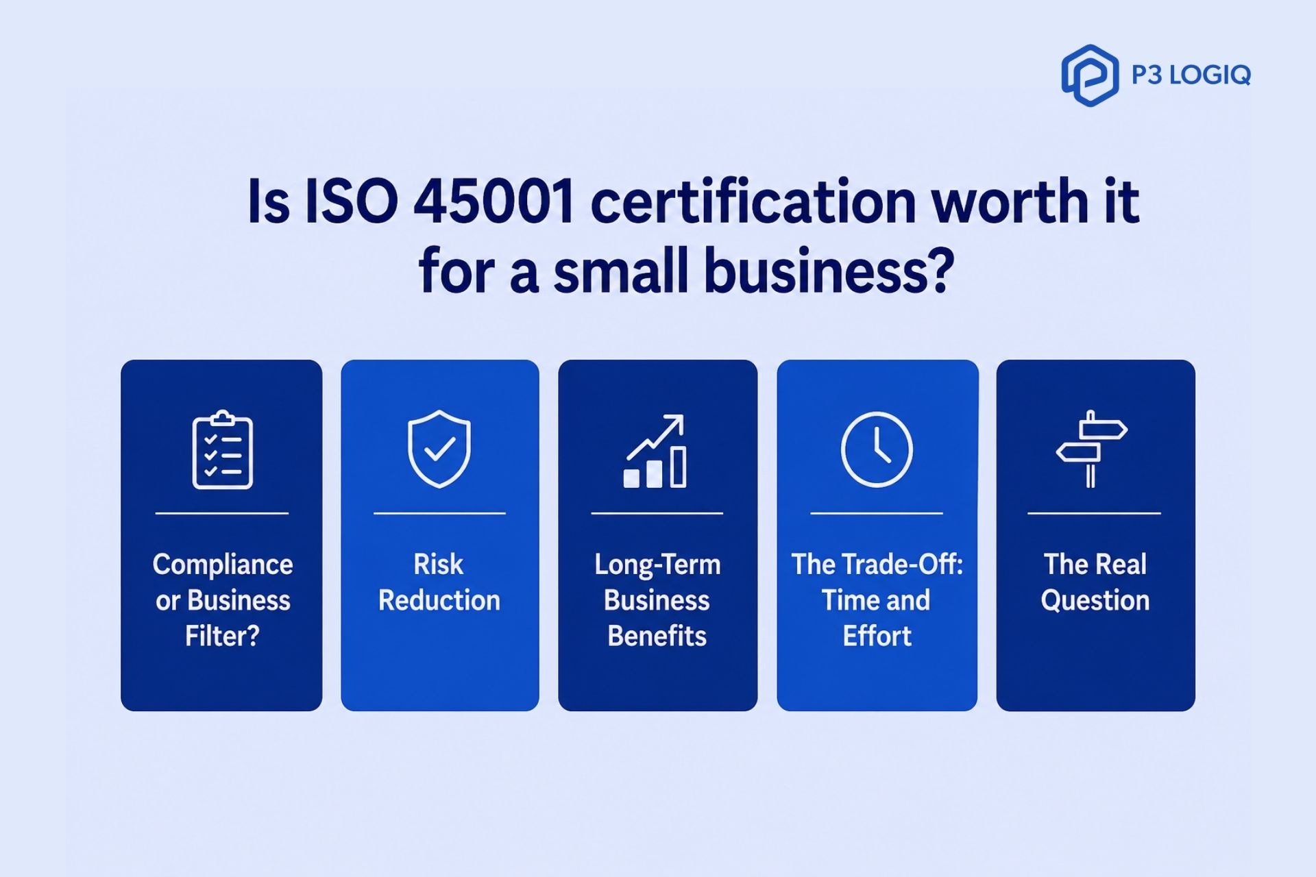 ISO 45001 for small businesses showing benefits, certification value, risk reduction, compliance readiness, and contract growth opportunities.