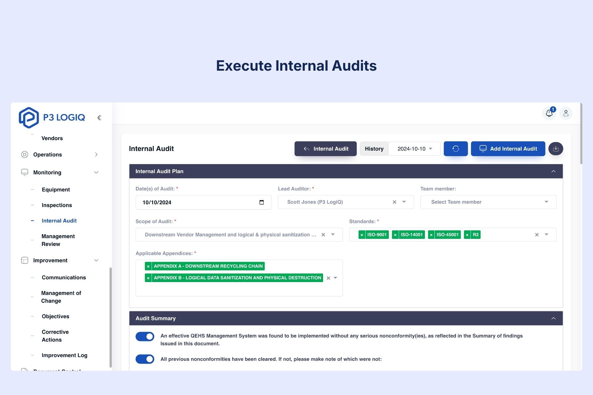 ISO 45001 internal audit dashboard by P3 LogiQ showing audit history & audit summary.